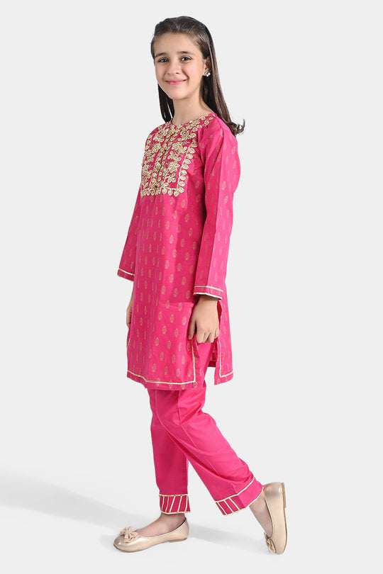 Girls Jacquard 2PC Suit Gota Pati-Paradise Pink