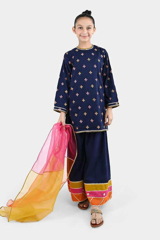 Girls Raw Silk 3Pcs Shah Noor-Navy Blue