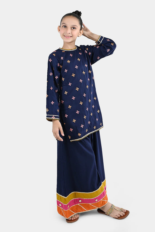 Girls Raw Silk 3Pcs Shah Noor-Navy Blue