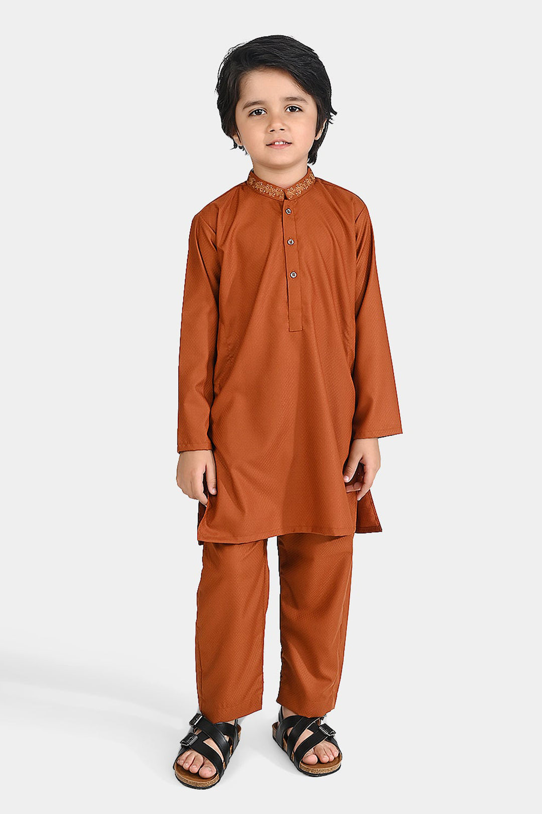 Boys Poly Viscose Kurta Pajama Suit (Collar EMB)-BROWN