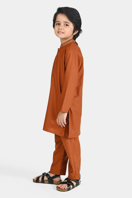 Boys Poly Viscose Kurta Pajama Suit (Collar EMB)-BROWN