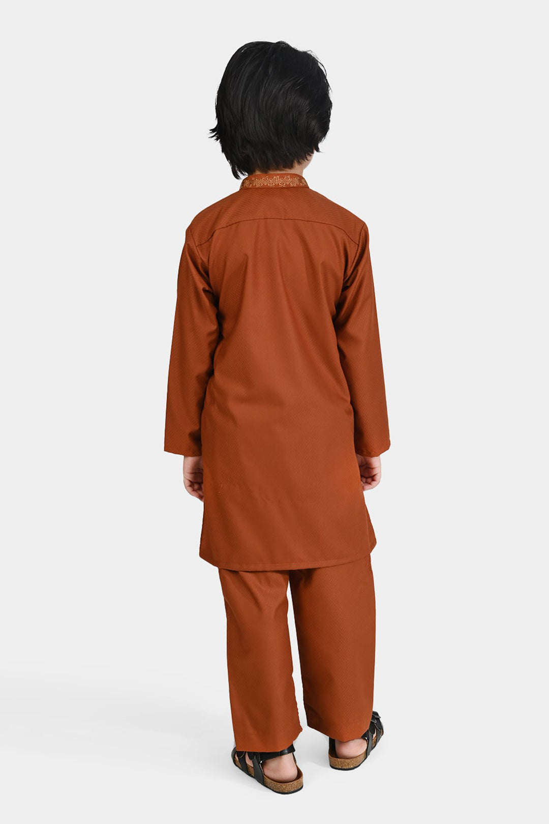 Boys Poly Viscose Kurta Pajama Suit (Collar EMB)-BROWN
