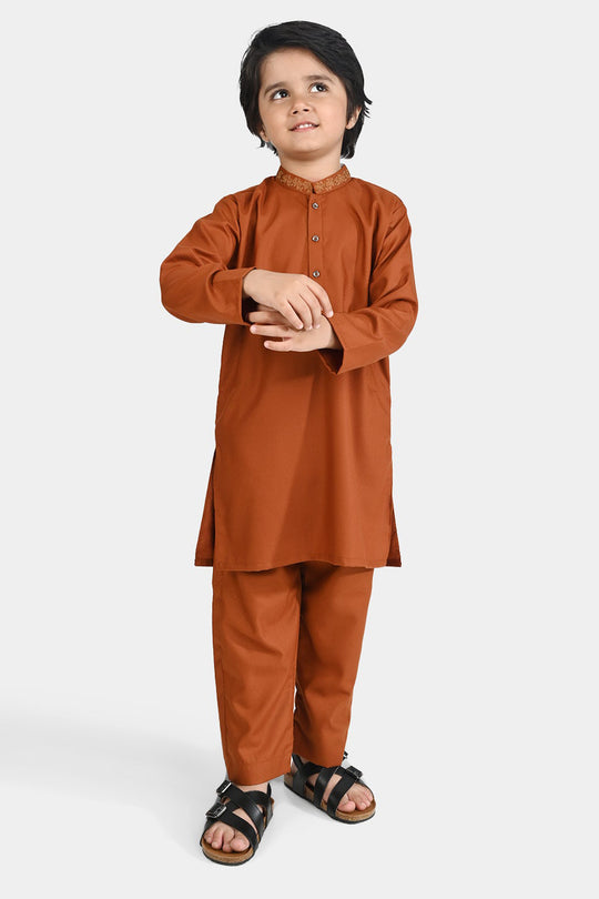 Boys Poly Viscose Kurta Pajama Suit (Collar EMB)-BROWN