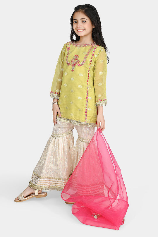 Girls Jacquard Fancy 3 Pcs Suit Gul Naar-Pista.Gren