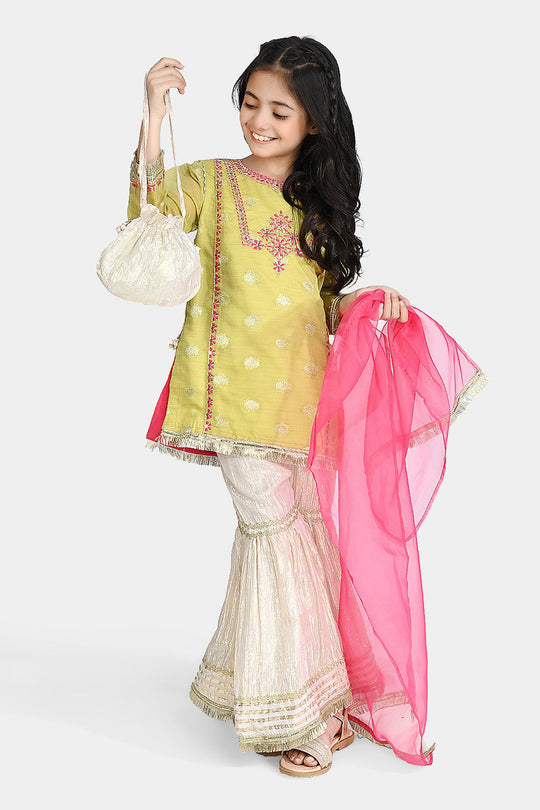 Girls Jacquard Fancy 3 Pcs Suit Gul Naar-Pista.Gren
