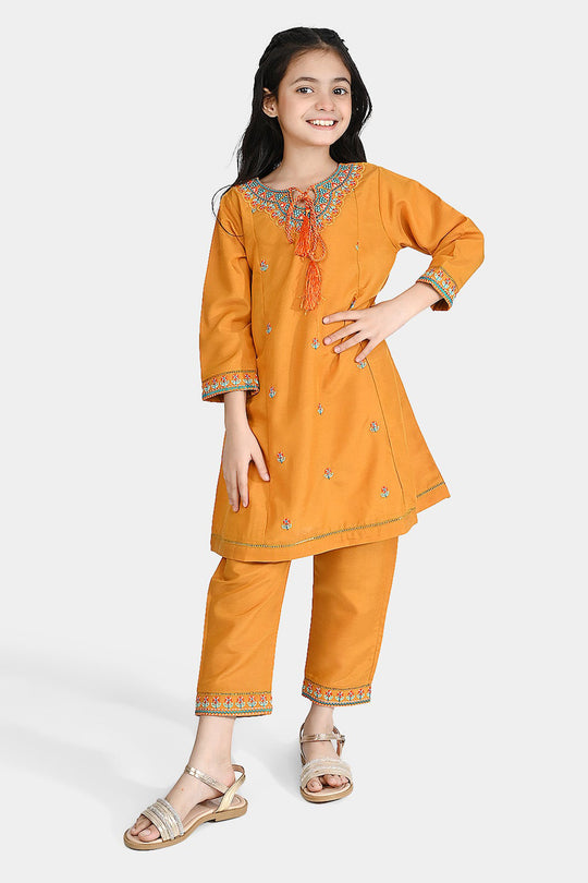 Girls poly cambric Emb 2Pcs Marigold-C.Yellow