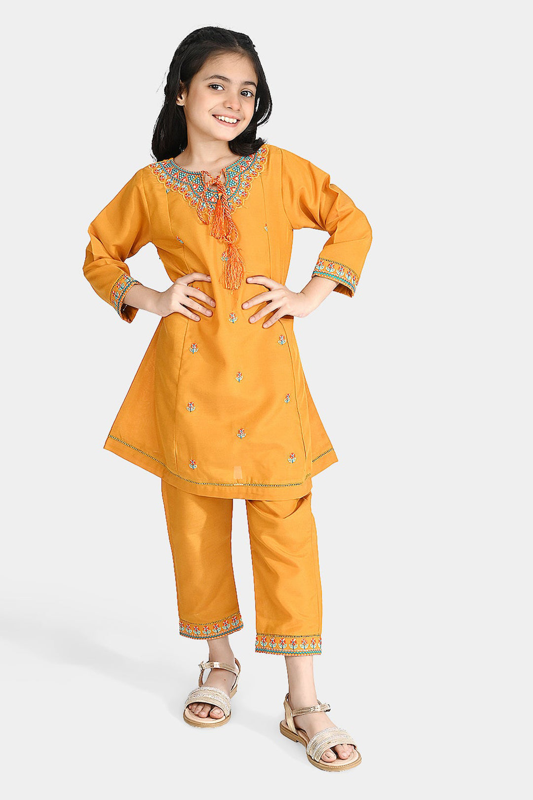Girls poly cambric Emb 2Pcs Marigold-C.Yellow