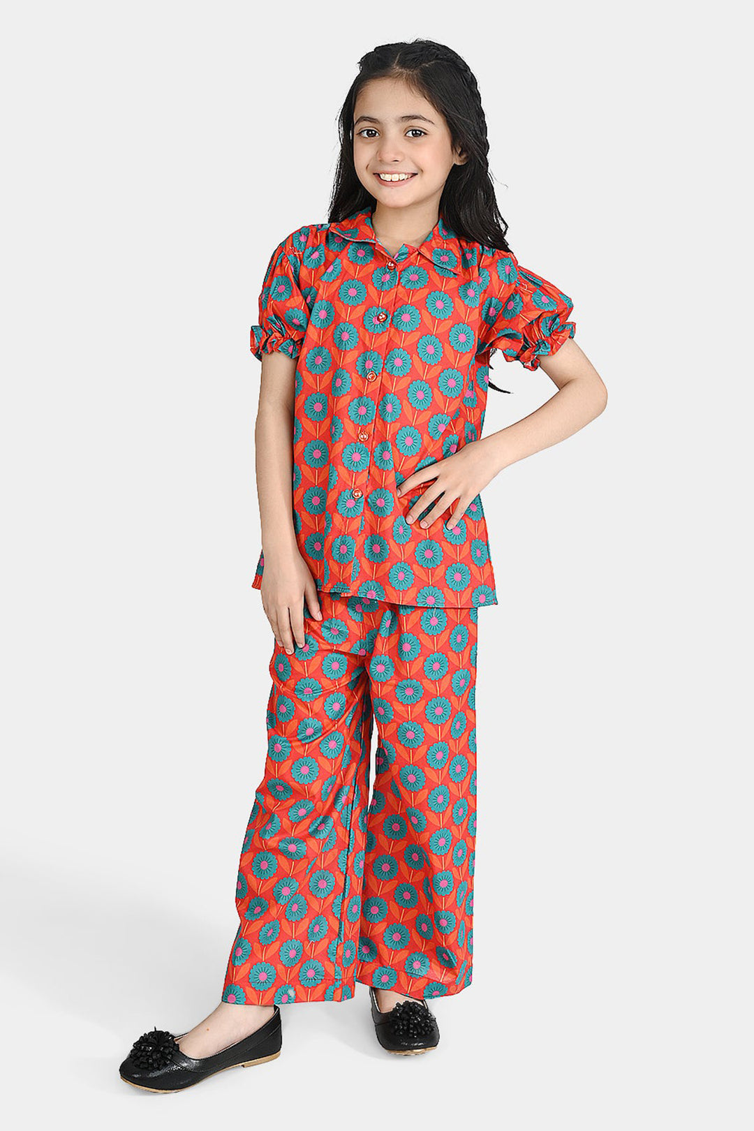 Girls Cotton Poplin Co-Ord Set Teal And Orange