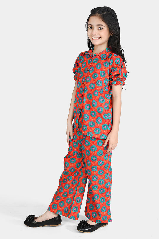 Girls Cotton Poplin Co-Ord Set Teal And Orange