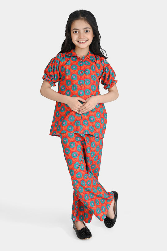 Girls Cotton Poplin Co-Ord Set Teal And Orange