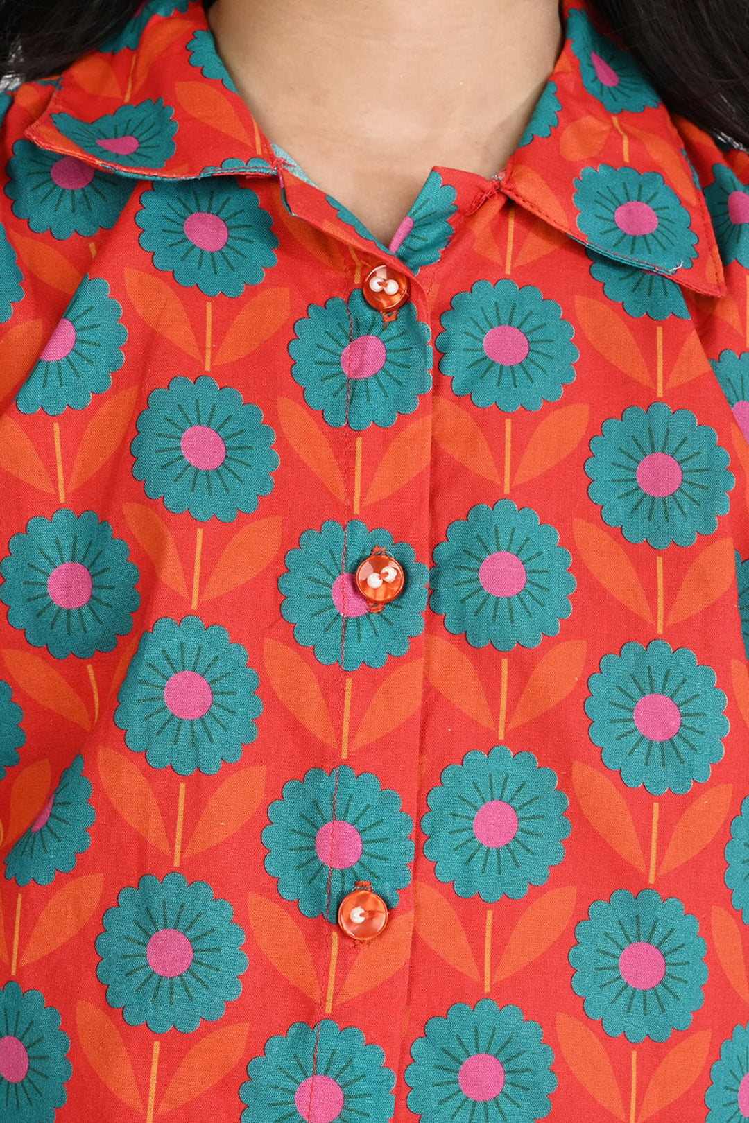 Girls Cotton Poplin Co-Ord Set Teal And Orange