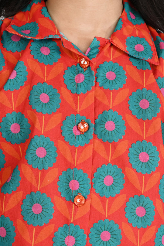 Girls Cotton Poplin Co-Ord Set Teal And Orange