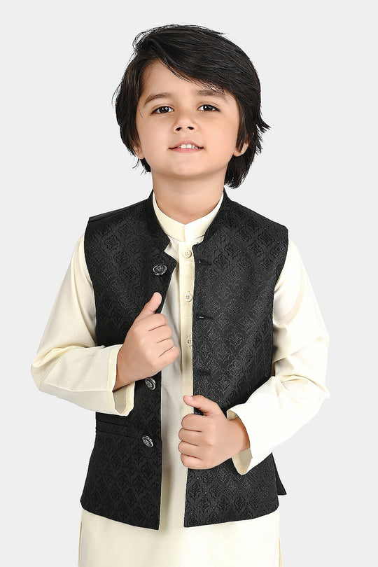 Boys Poly Viscose Waistcoat (Self Textured)-BLACK