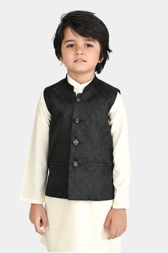 Boys Poly Viscose Waistcoat (Self Textured)-BLACK