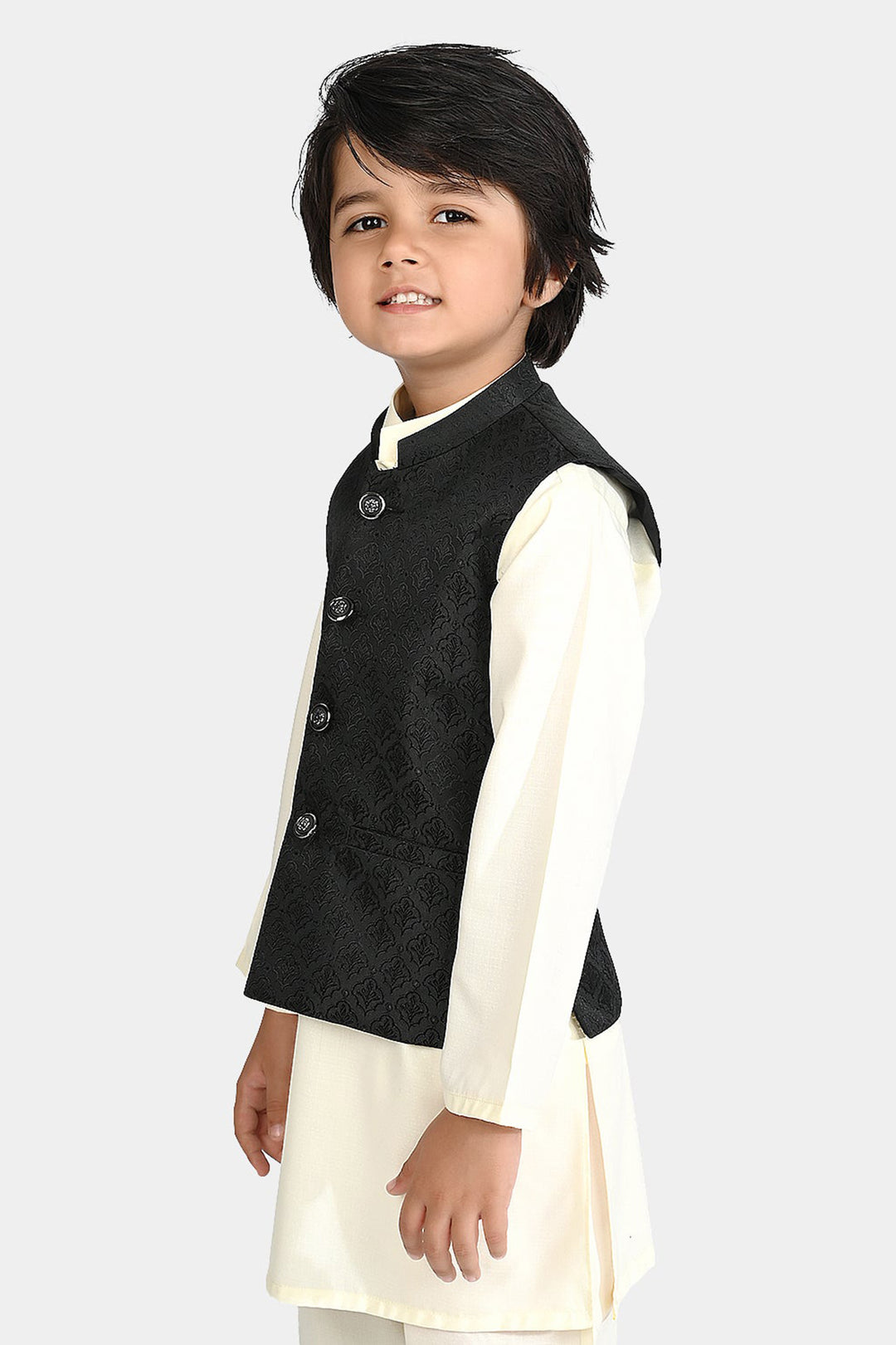 Boys Poly Viscose Waistcoat (Self Textured)-BLACK