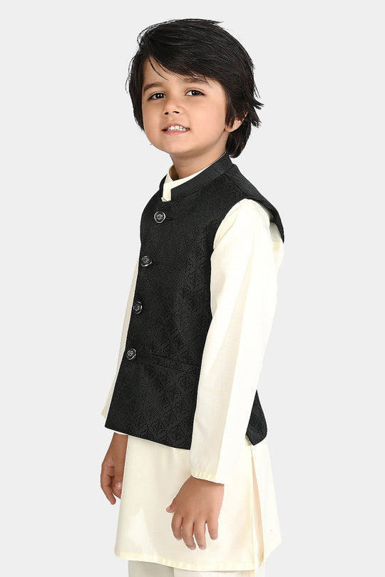 Boys Poly Viscose Waistcoat (Self Textured)-BLACK