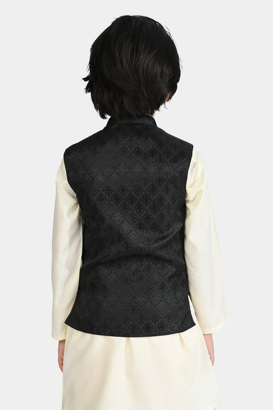 Boys Poly Viscose Waistcoat (Self Textured)-BLACK