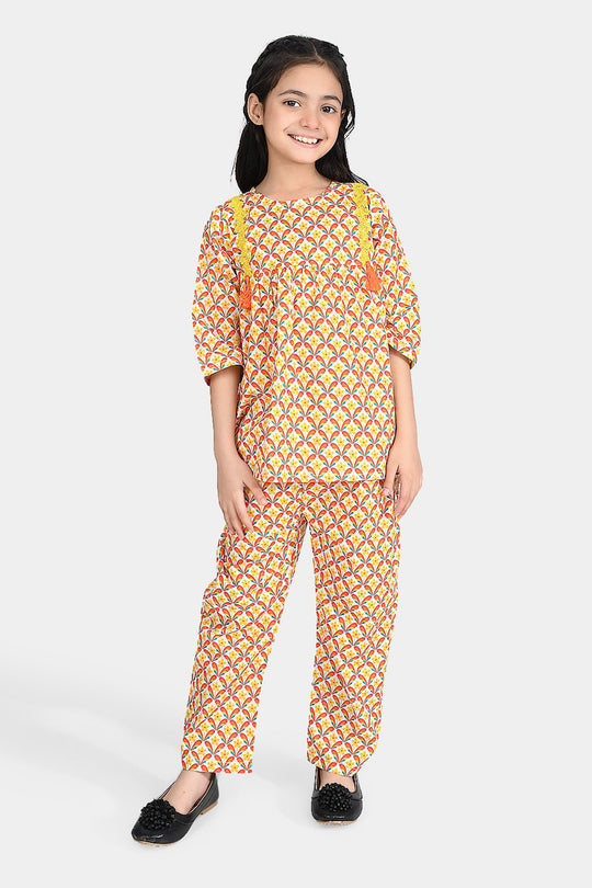 Girls Cotton Poplin Co-Ord Set Star Flowers-Multi