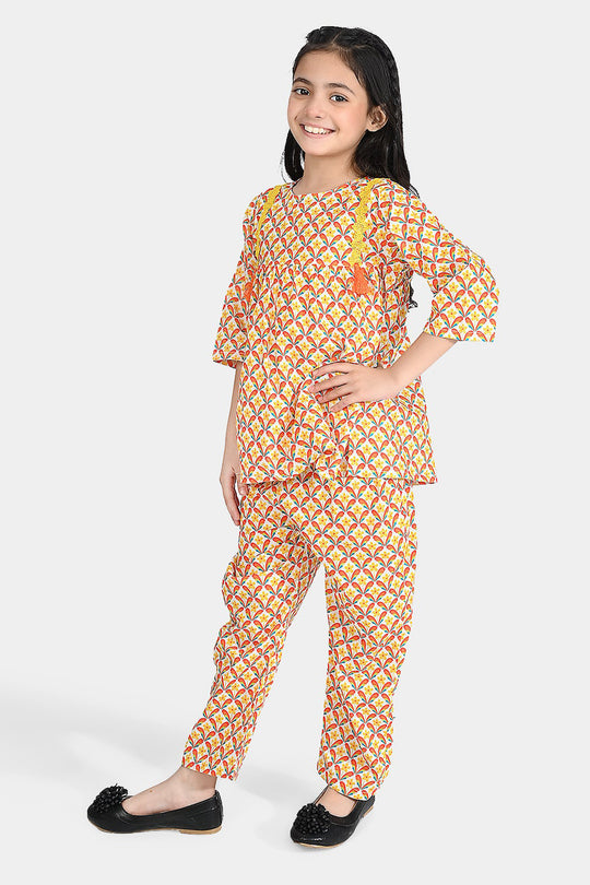 Girls Cotton Poplin Co-Ord Set Star Flowers-Multi