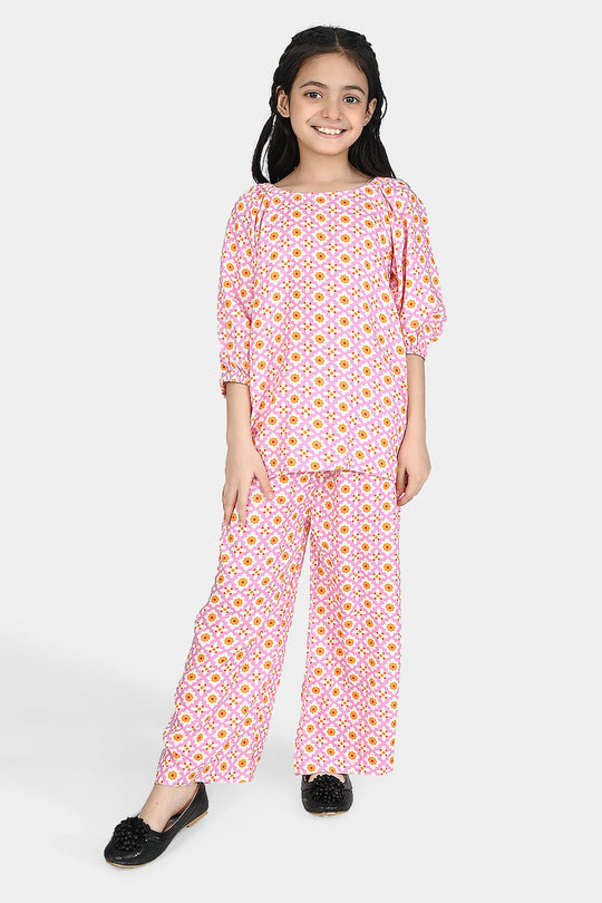 Girls Cotton Viscose Co-Ord Set Mosaic-PINK