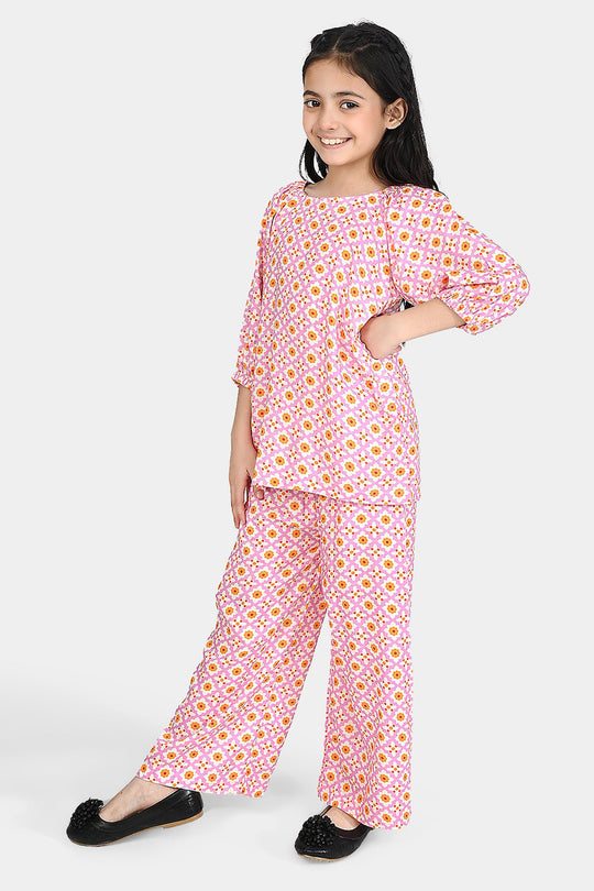 Girls Cotton Viscose Co-Ord Set Mosaic-PINK