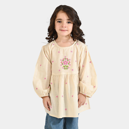 Girls Cotton Slub Emb Top Pink Flower-Off White