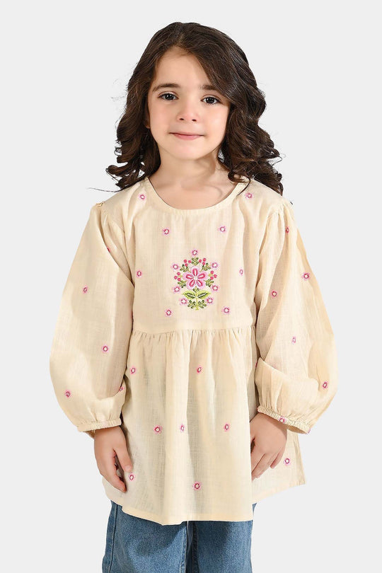 Girls Cotton Slub Emb Top Pink Flower-Off White