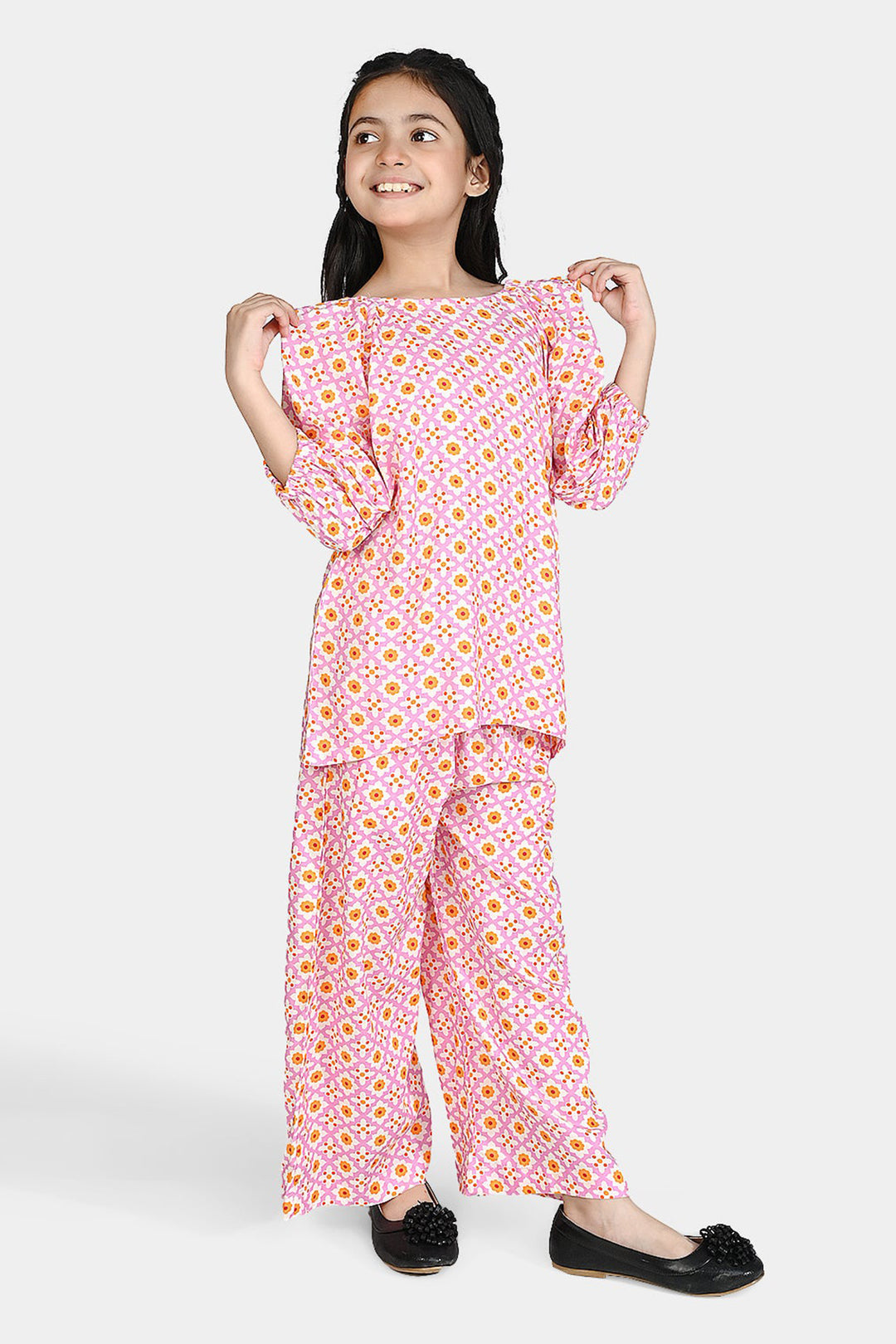 Girls Cotton Viscose Co-Ord Set Mosaic-PINK