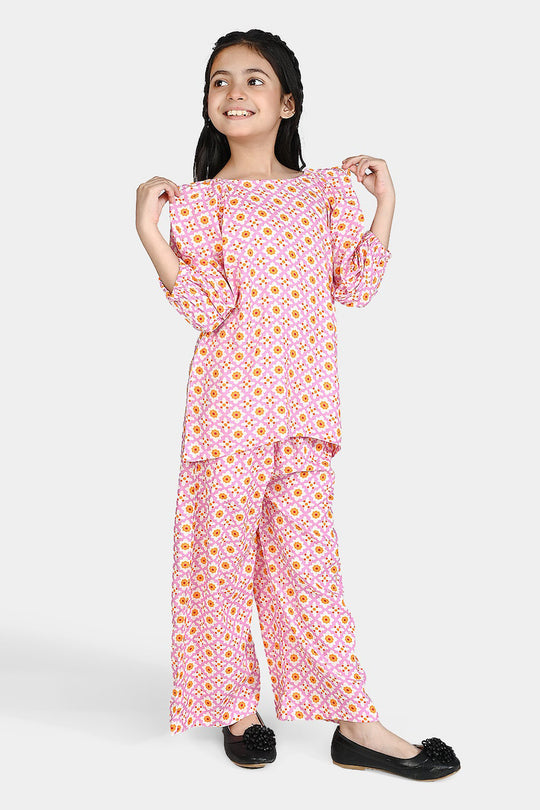 Girls Cotton Viscose Co-Ord Set Mosaic-PINK