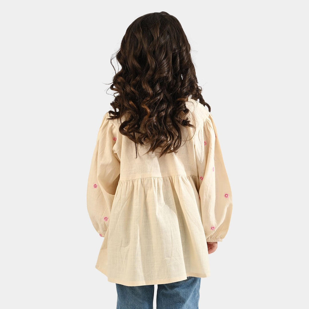 Girls Cotton Slub Emb Top Pink Flower-Off White