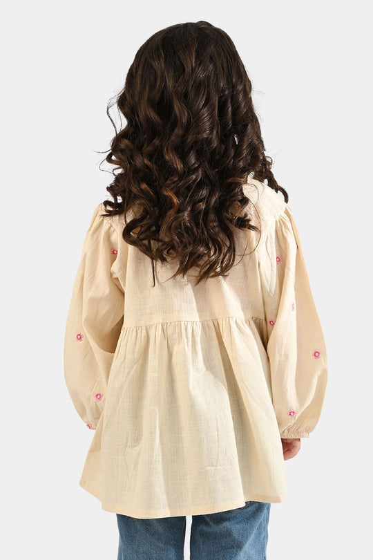 Girls Cotton Slub Emb Top Pink Flower-Off White