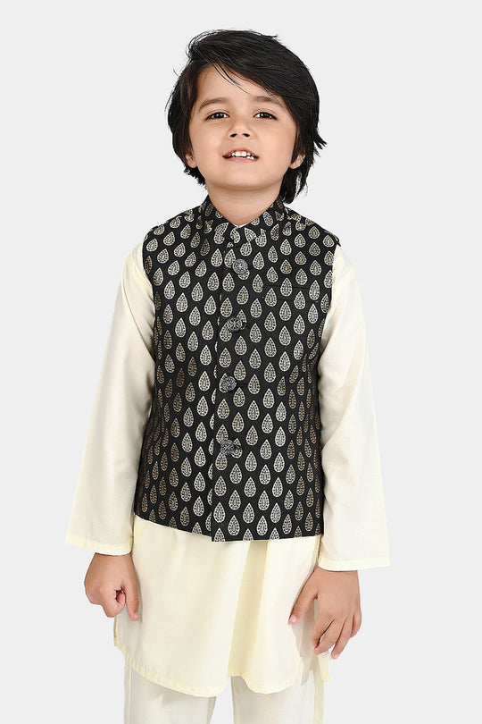 Boys Poly Viscose Waistcoat (Golden Motif))-BLACK