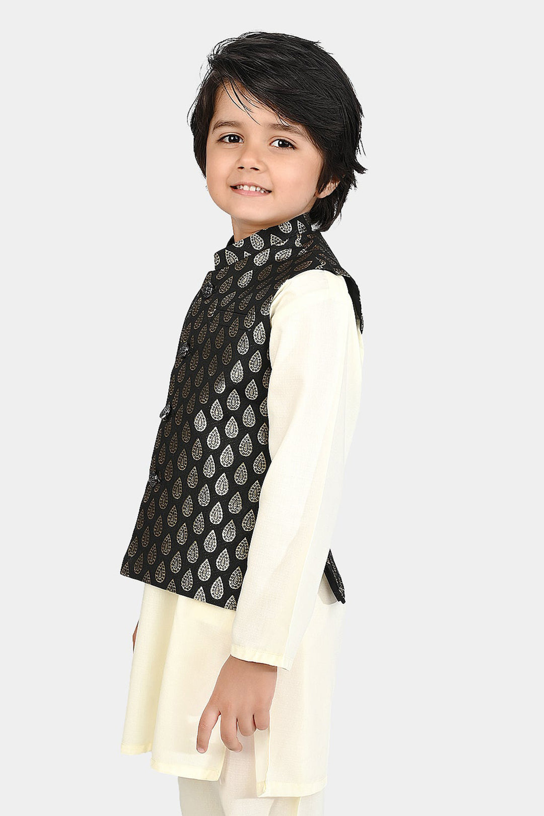 Boys Poly Viscose Waistcoat (Golden Motif))-BLACK