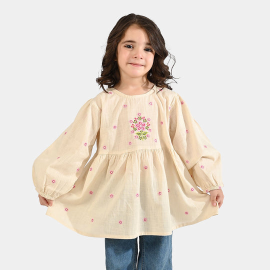 Girls Cotton Slub Emb Top Pink Flower-Off White