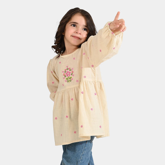 Girls Cotton Slub Emb Top Pink Flower-Off White