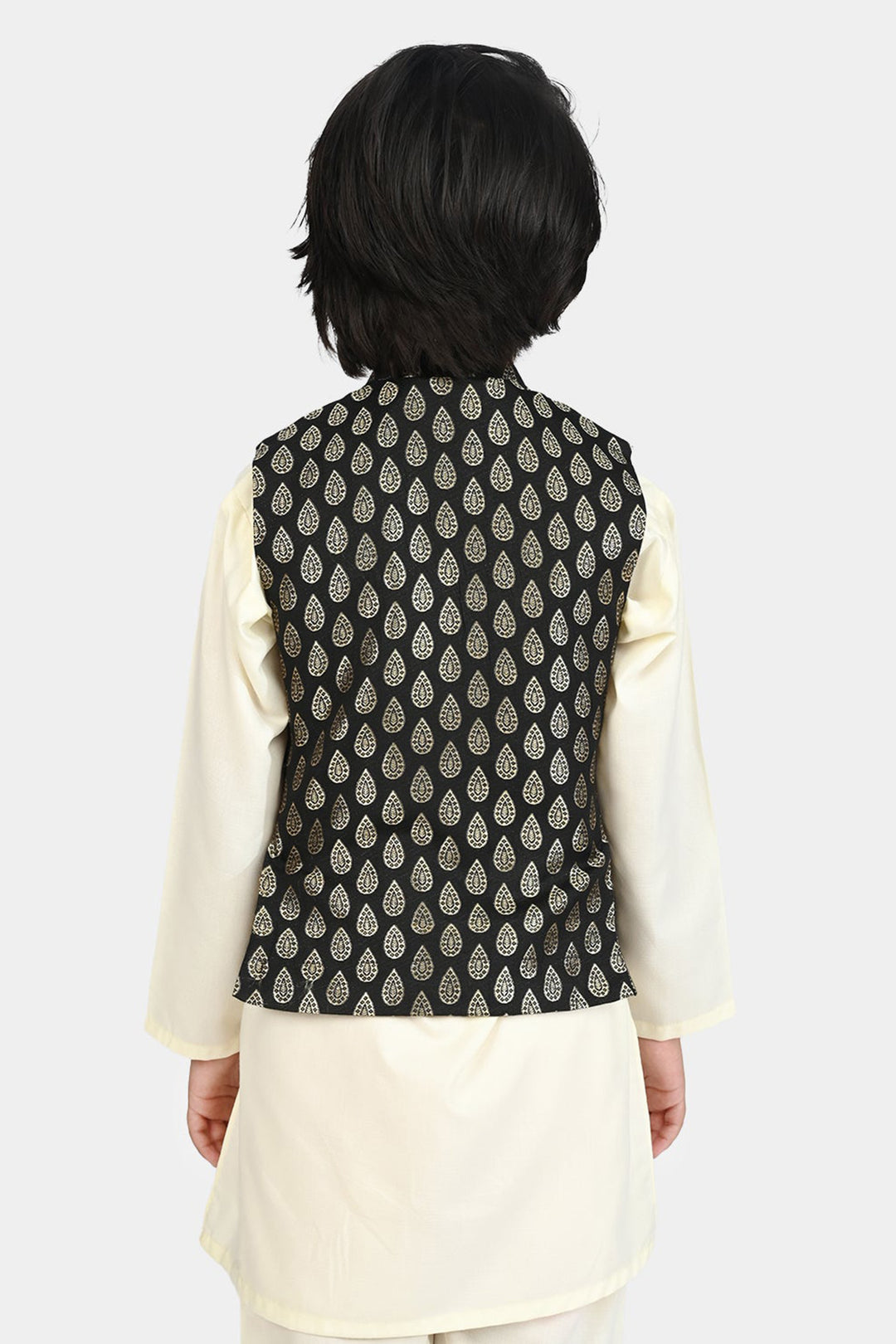 Boys Poly Viscose Waistcoat (Golden Motif))-BLACK