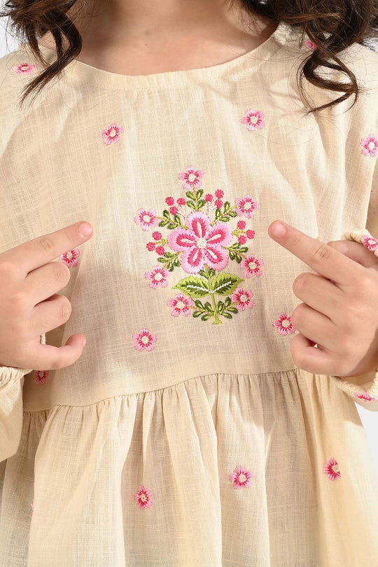 Girls Cotton Slub Emb Top Pink Flower-Off White