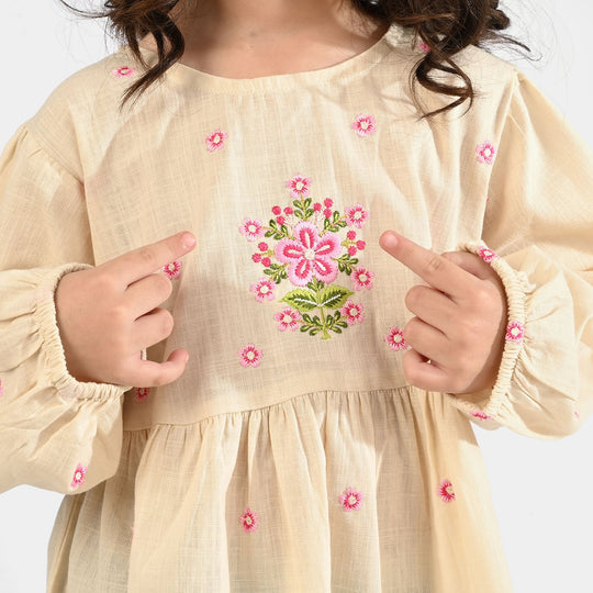 Girls Cotton Slub Emb Top Pink Flower-Off White