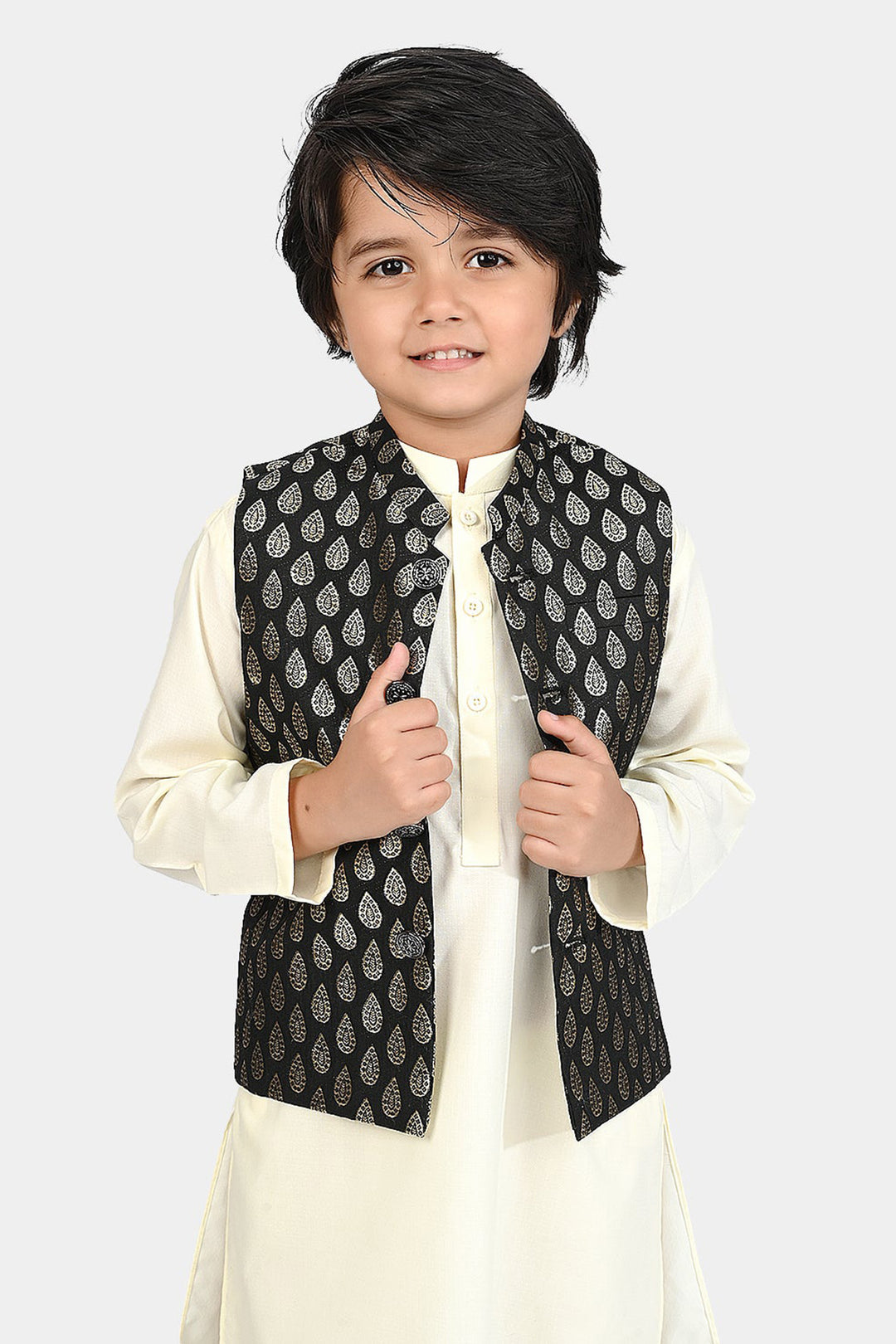 Boys Poly Viscose Waistcoat (Golden Motif))-BLACK