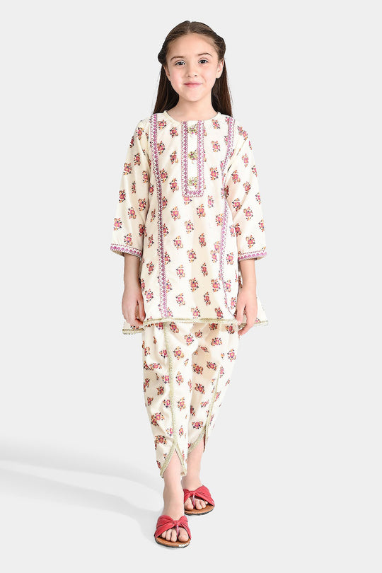 Girls Poly Cambric Emb 2 Pcs Dastur-Cream
