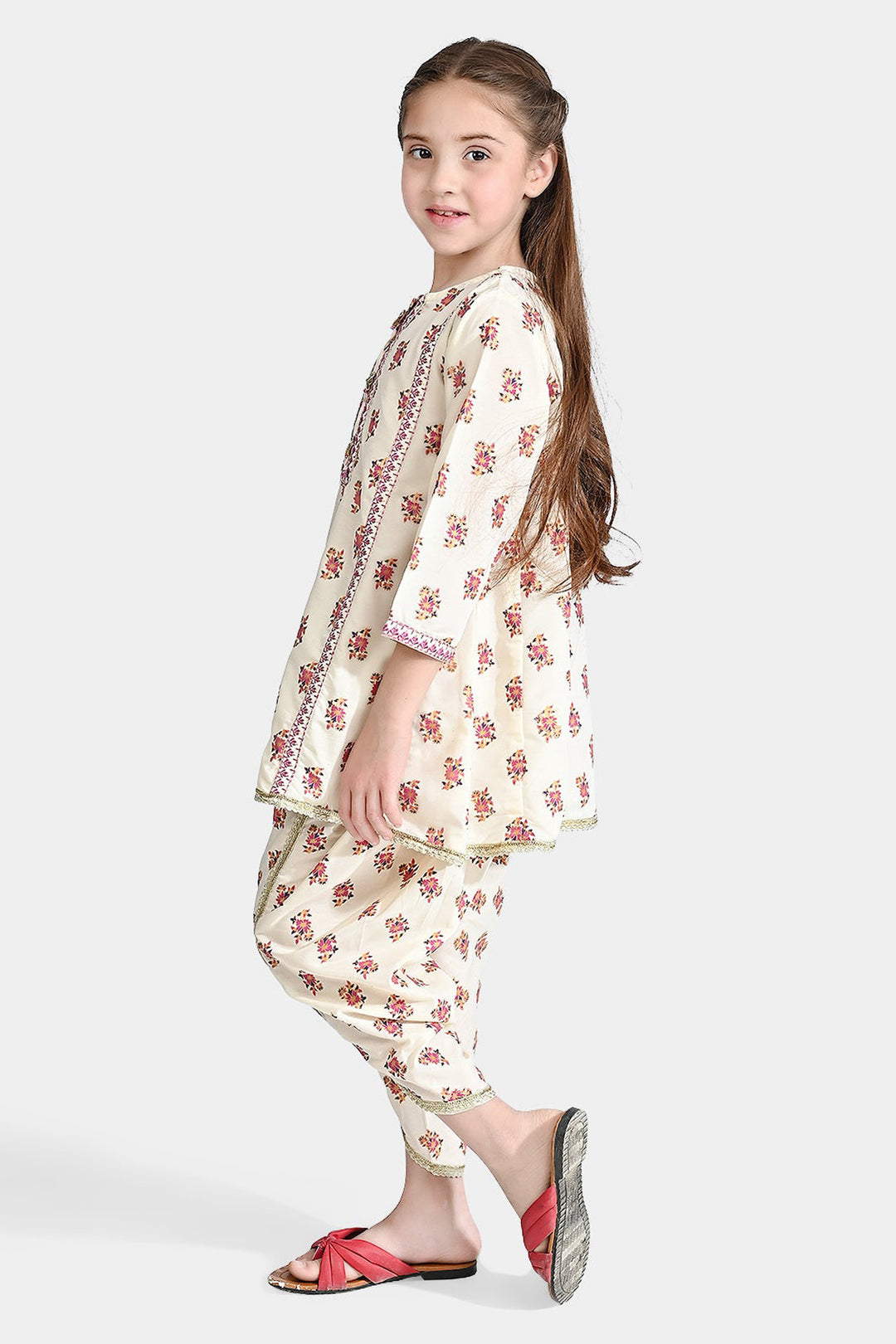 Girls Poly Cambric Emb 2 Pcs Dastur-Cream