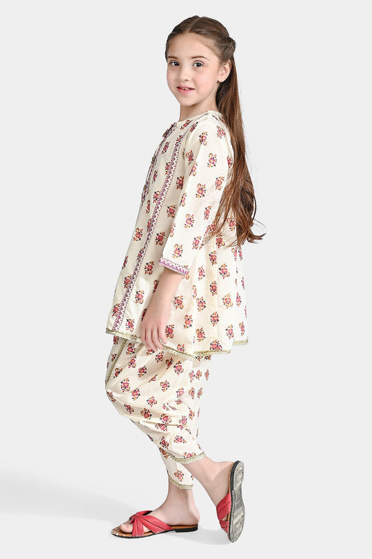Girls Poly Cambric Emb 2 Pcs Dastur-Cream