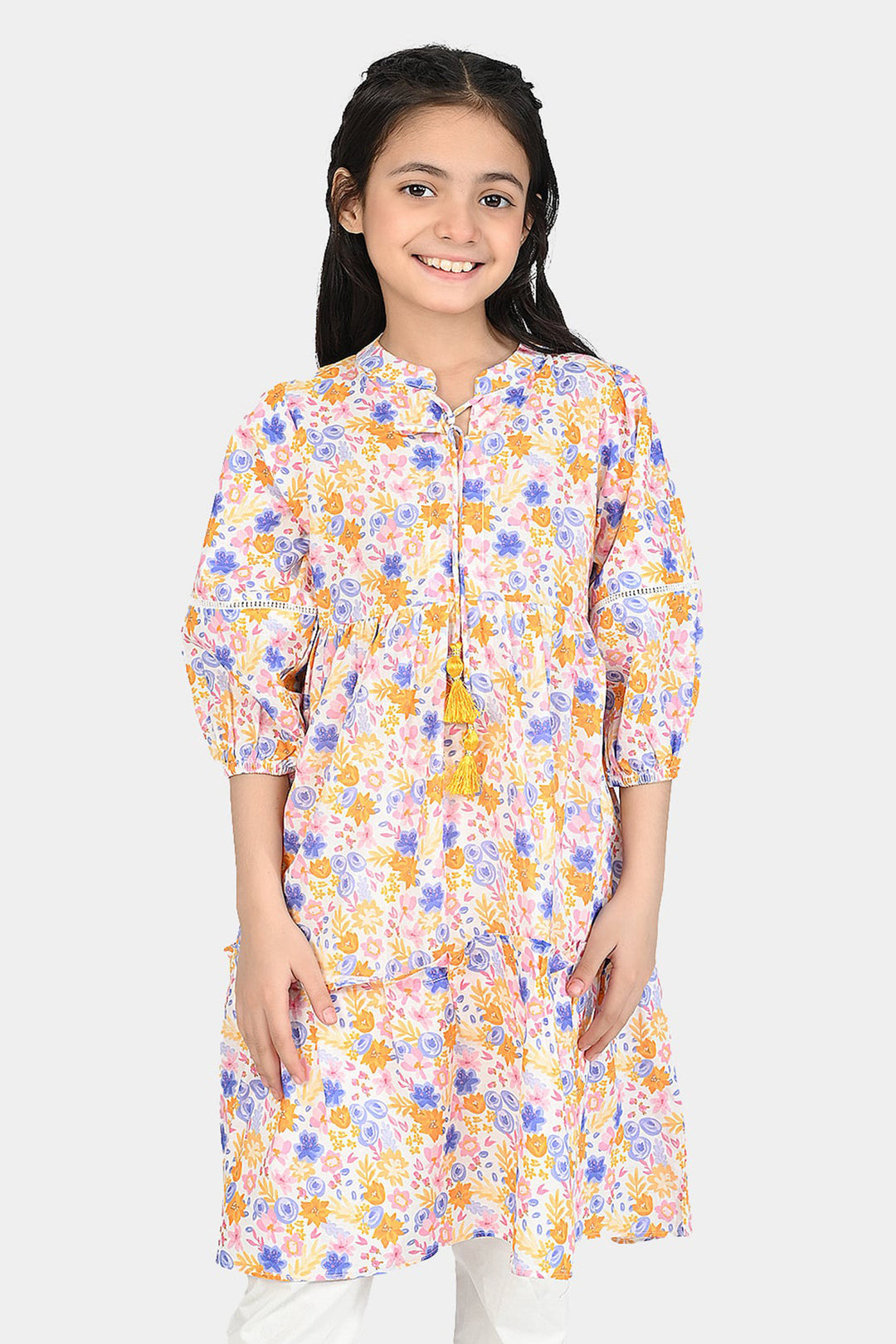 Girls Cotton Poplin Long Dress-Multi