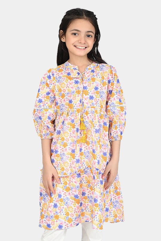 Girls Cotton Poplin Long Dress-Multi