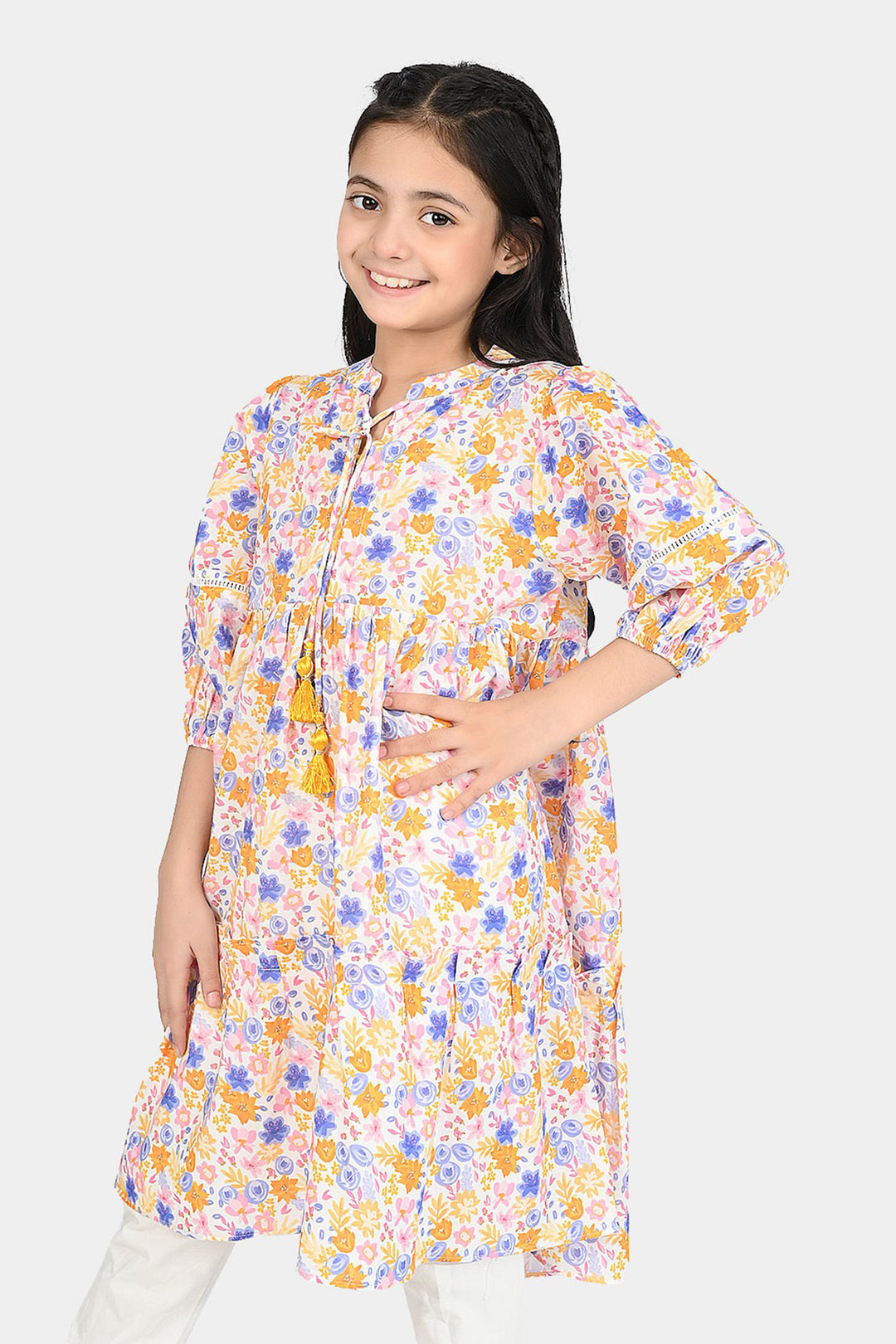 Girls Cotton Poplin Long Dress-Multi