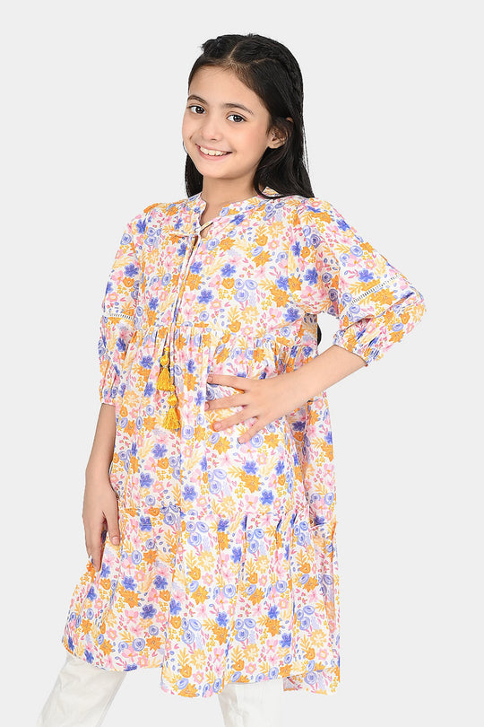 Girls Cotton Poplin Long Dress-Multi