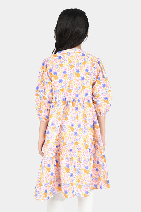 Girls Cotton Poplin Long Dress-Multi