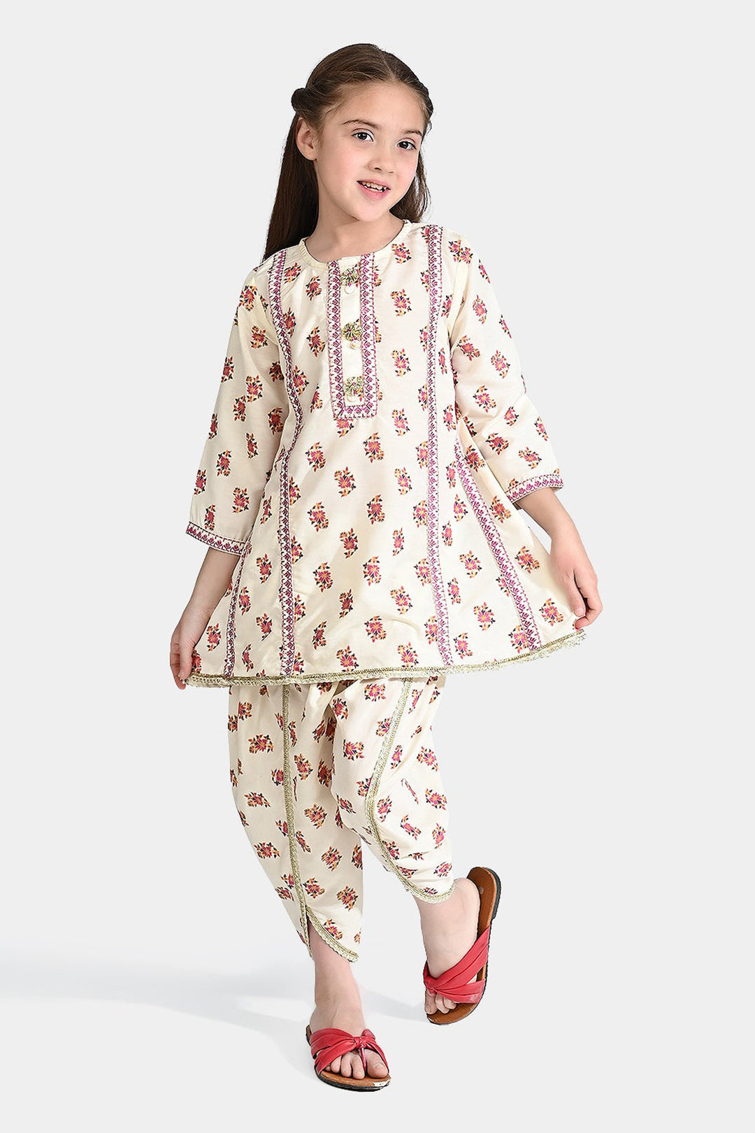 Girls Poly Cambric Emb 2 Pcs Dastur-Cream