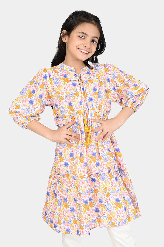 Girls Cotton Poplin Long Dress-Multi