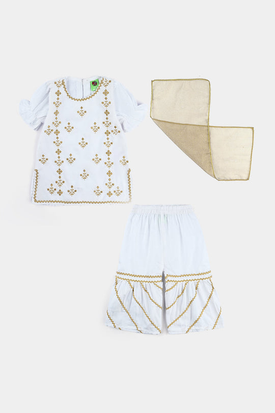 Infant Girls Raw Silk Fancy 3Pcs Shine-White